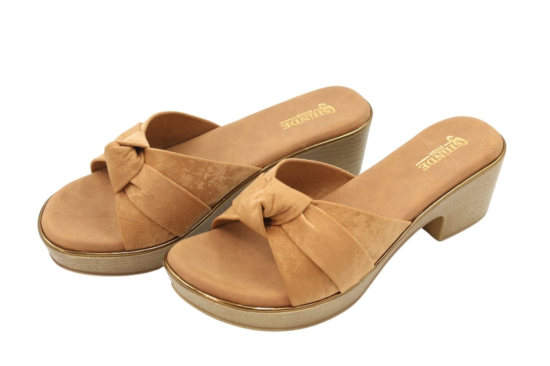 Women Tan Knotted Slip-On Heels
